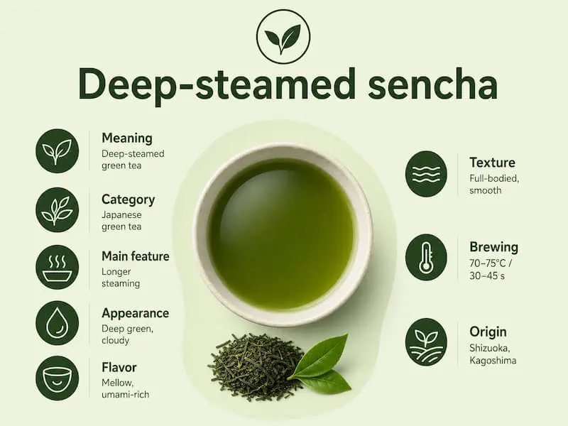 Deep-steamed sencha green tea with leaves and brewed tea in a bowl.