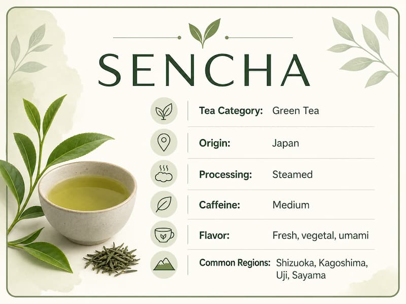 Fresh Japanese green tea leaves and a brewed cup.