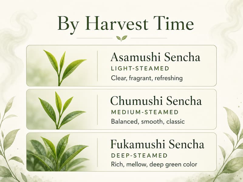 Japanese green tea leaves showing light, medium, and deep steaming styles.