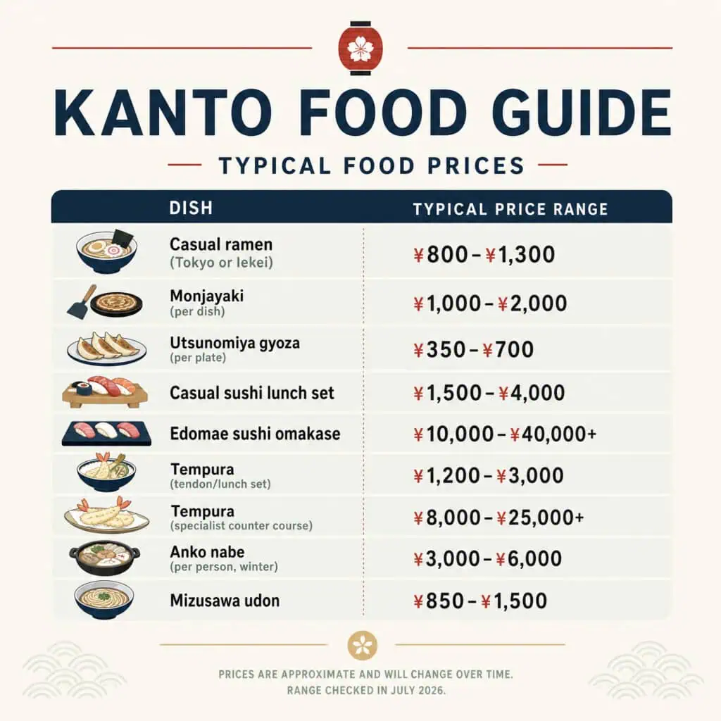 Kanto Food Guide menu with typical Japanese dishes and prices.