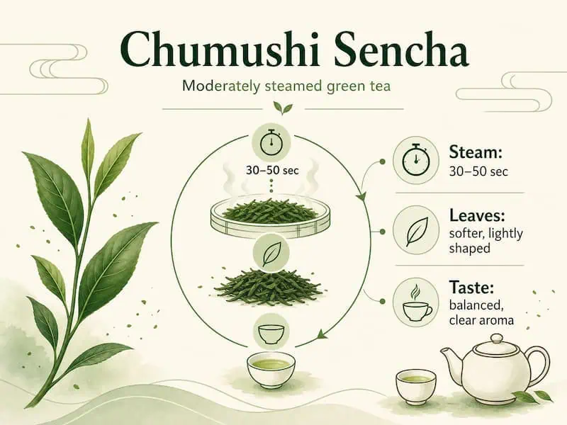 Illustration of Chumushi Sencha green tea preparation process with leaves and steaming method.