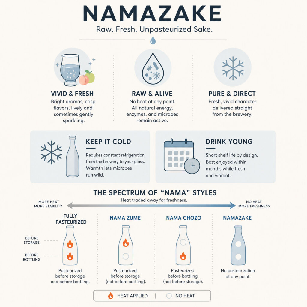 Diagram explaining sake pasteurization and NAMA styles in Japanese brewing.