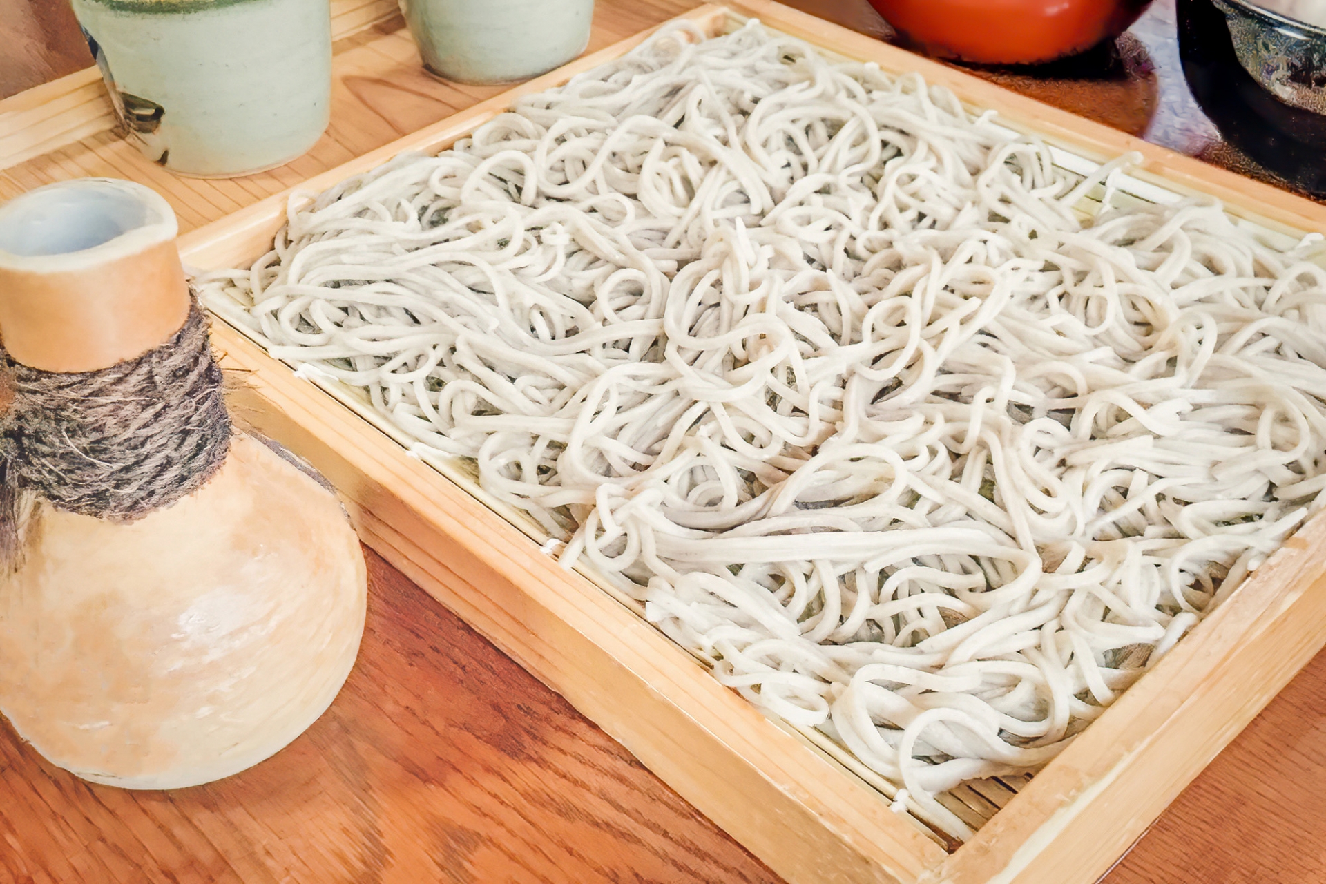 Ita soba buckwheat noodles served in a shallow cedar box