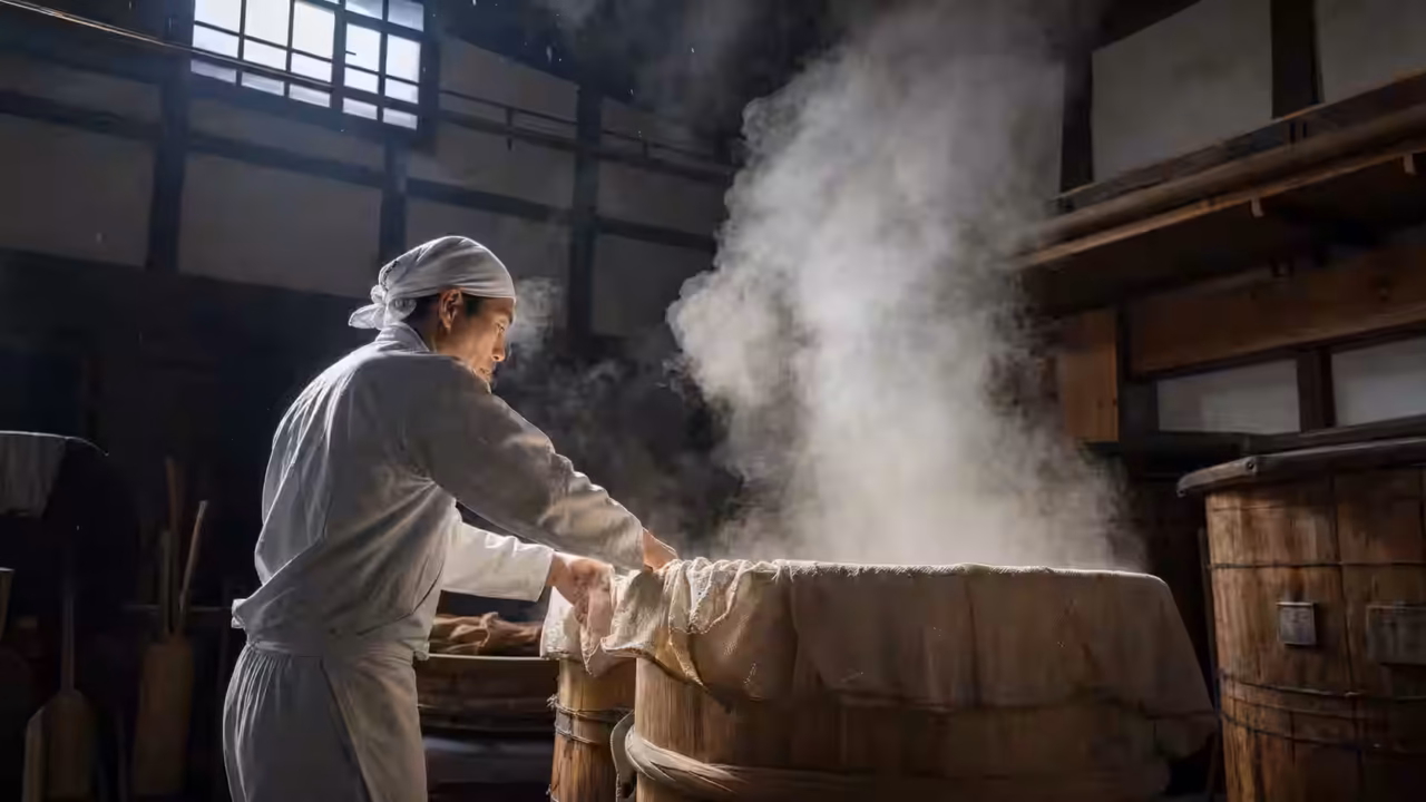 Steam rising from a wooden rice-steaming vat in a traditional Japanese sake brewery on a cold winter morning