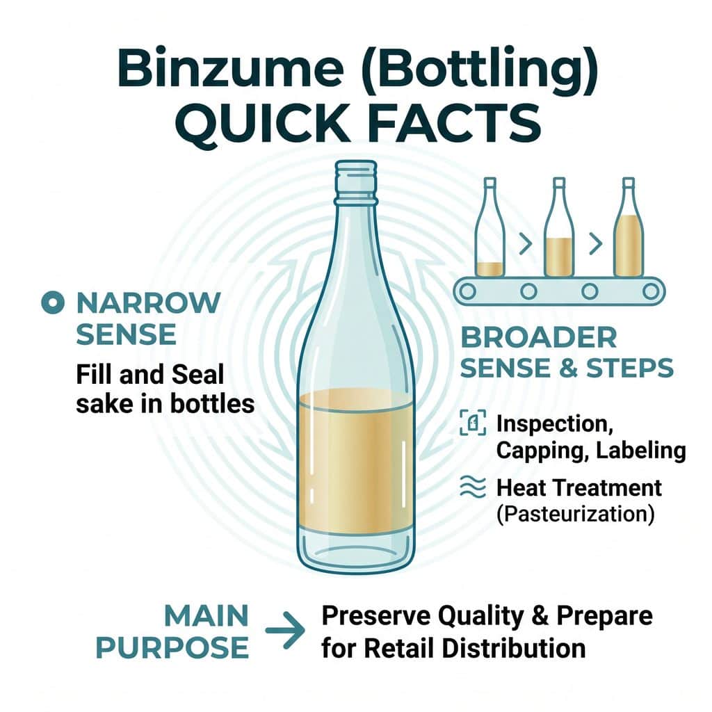 Illustration of sake bottling process with steps for narrow and broad sense.