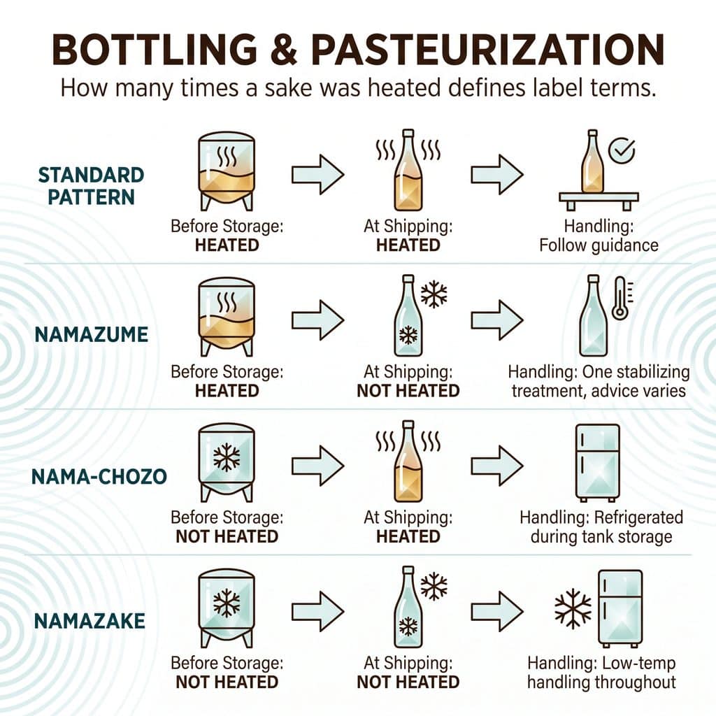 Diagram of sake bottling and pasteurization processes in Japan.