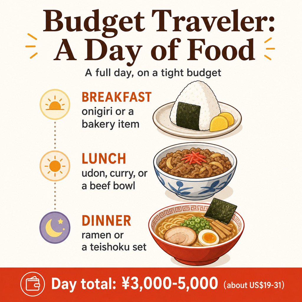 Budget traveler: around ¥3,000–¥5,000 per day (about US$19–$31)