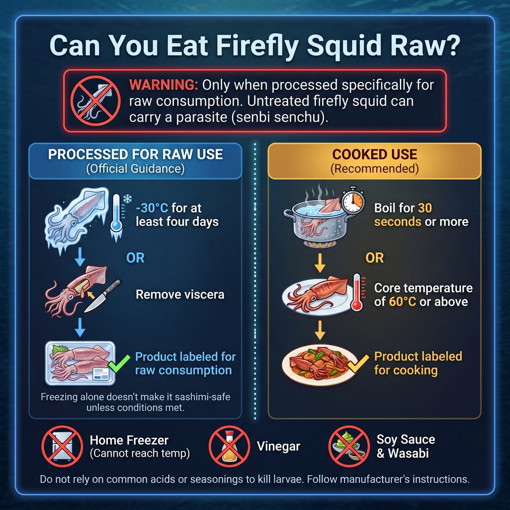 Guidelines for eating firefly squid raw or cooked safely in Japan.