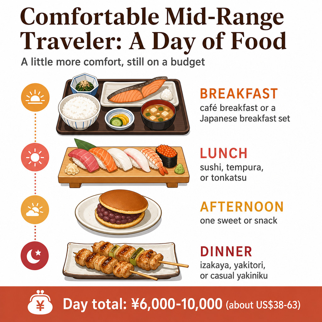 Comfortable mid-range traveler: around ¥6,000–¥10,000 per day (about US$38–$63)