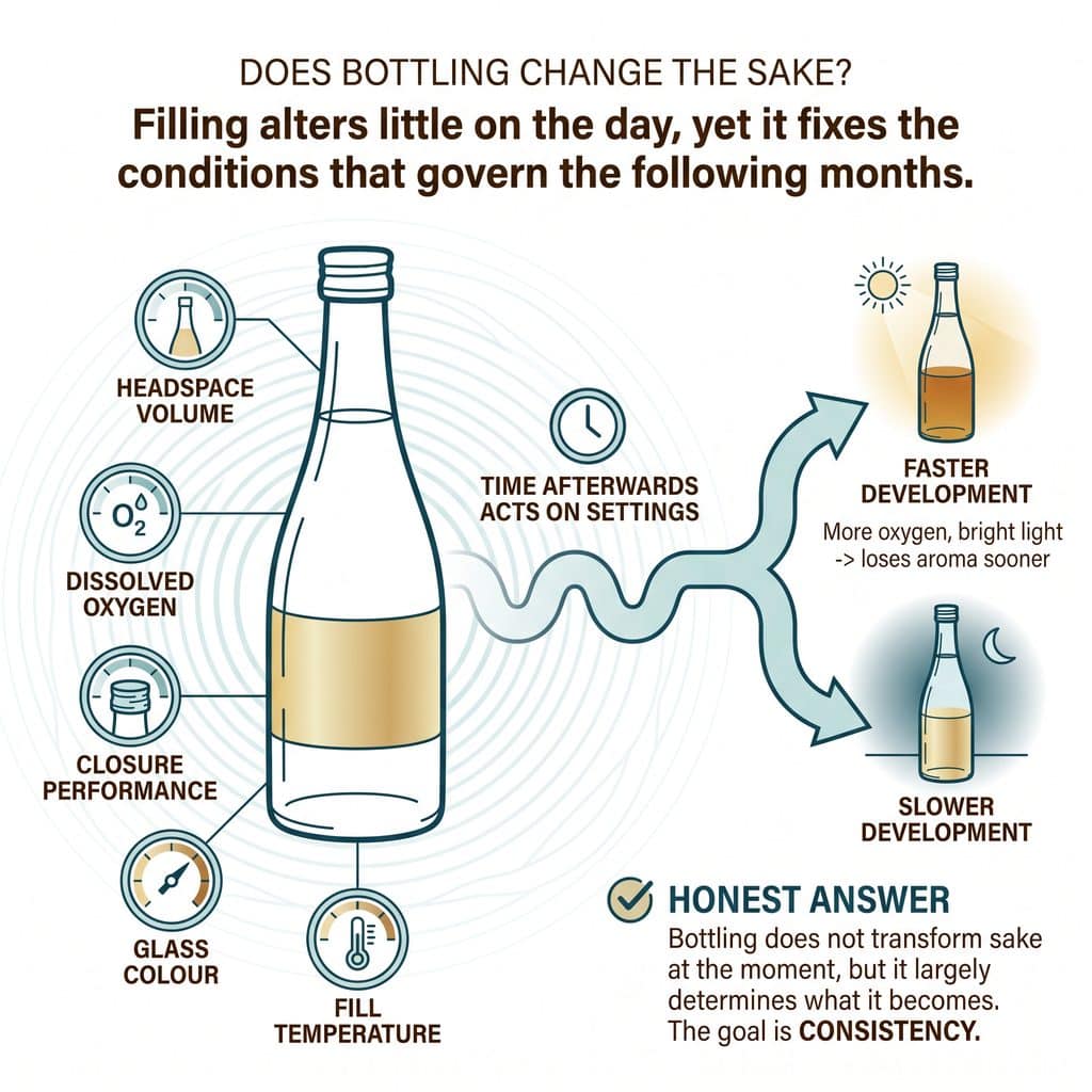 Diagram showing how bottling affects sake's aging process and development.