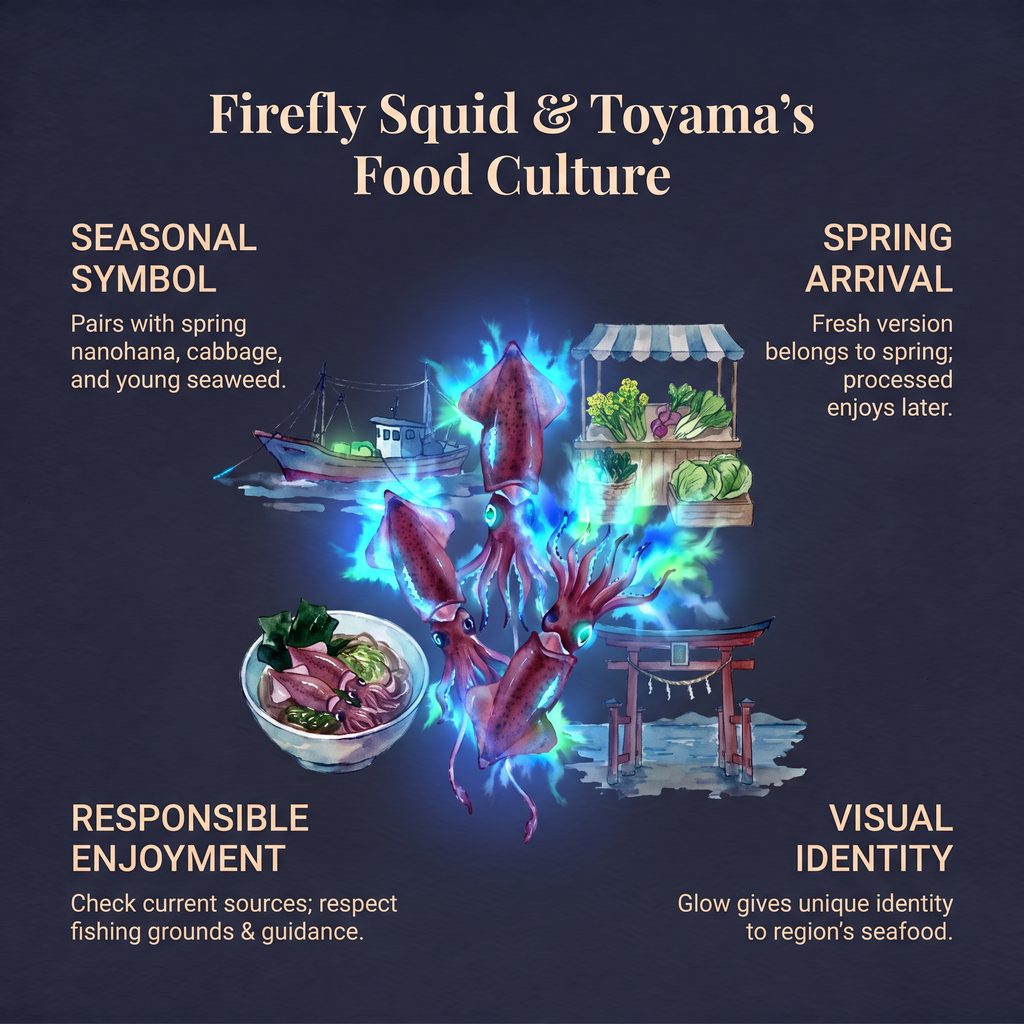 Firefly squid and Toyama's food culture with seasonal symbols and spring arrival.