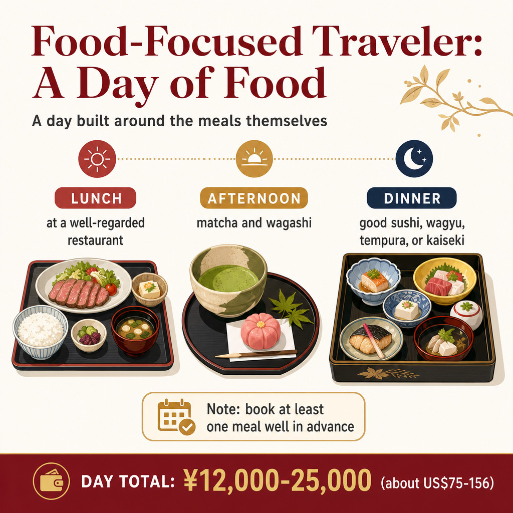 Food-focused traveler: around ¥12,000–¥25,000 per day (about US$75–$156)