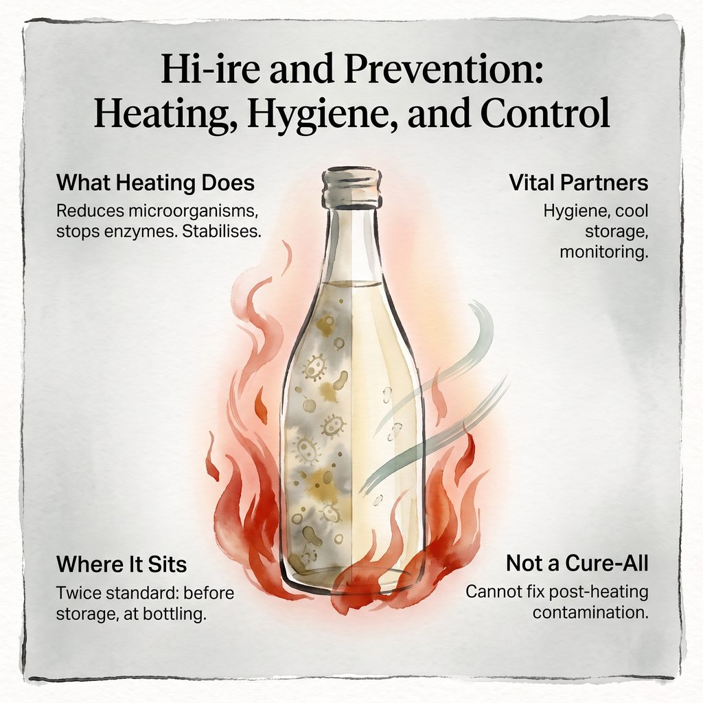 Diagram of sake bottle showing heat, hygiene, and spoilage factors in sake storage.