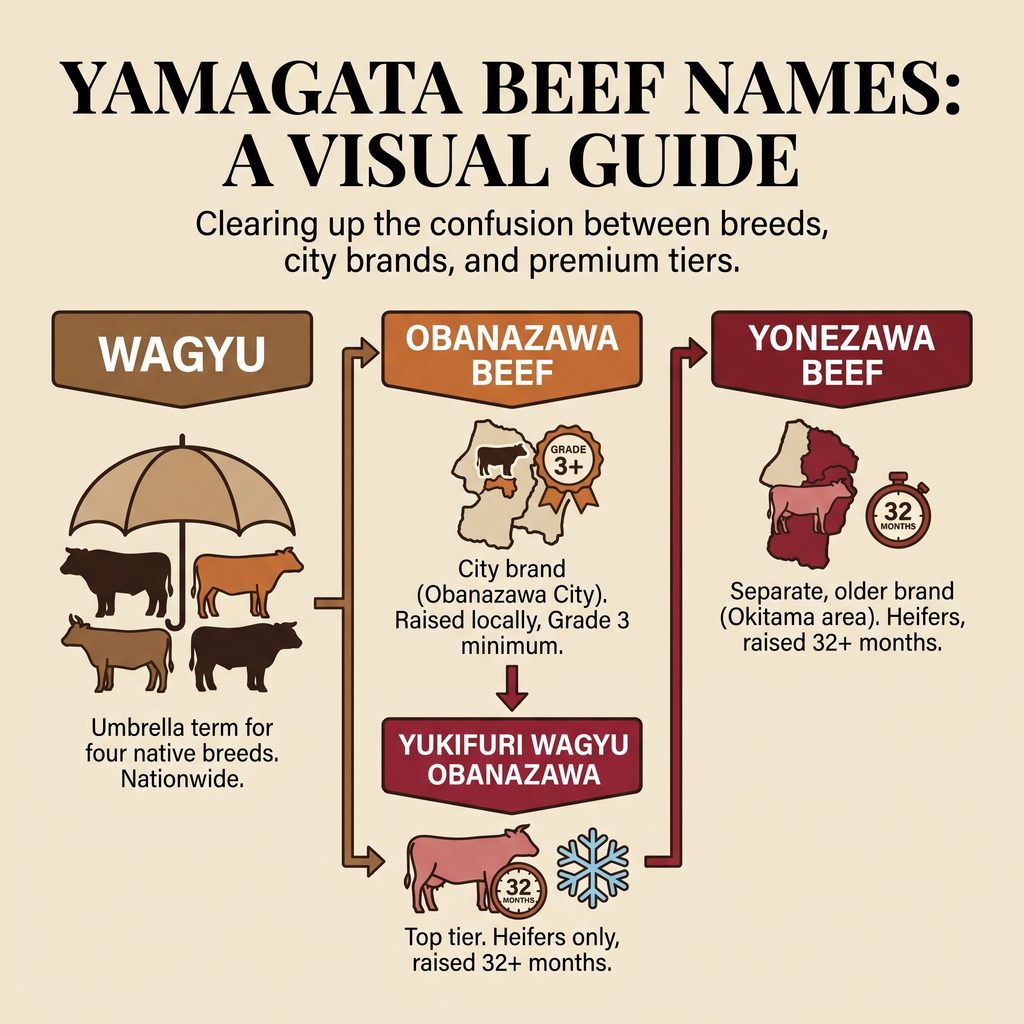 Diagram of Yamagata beef breeds including Obanazawa Beef and Yonezawa Beef.
