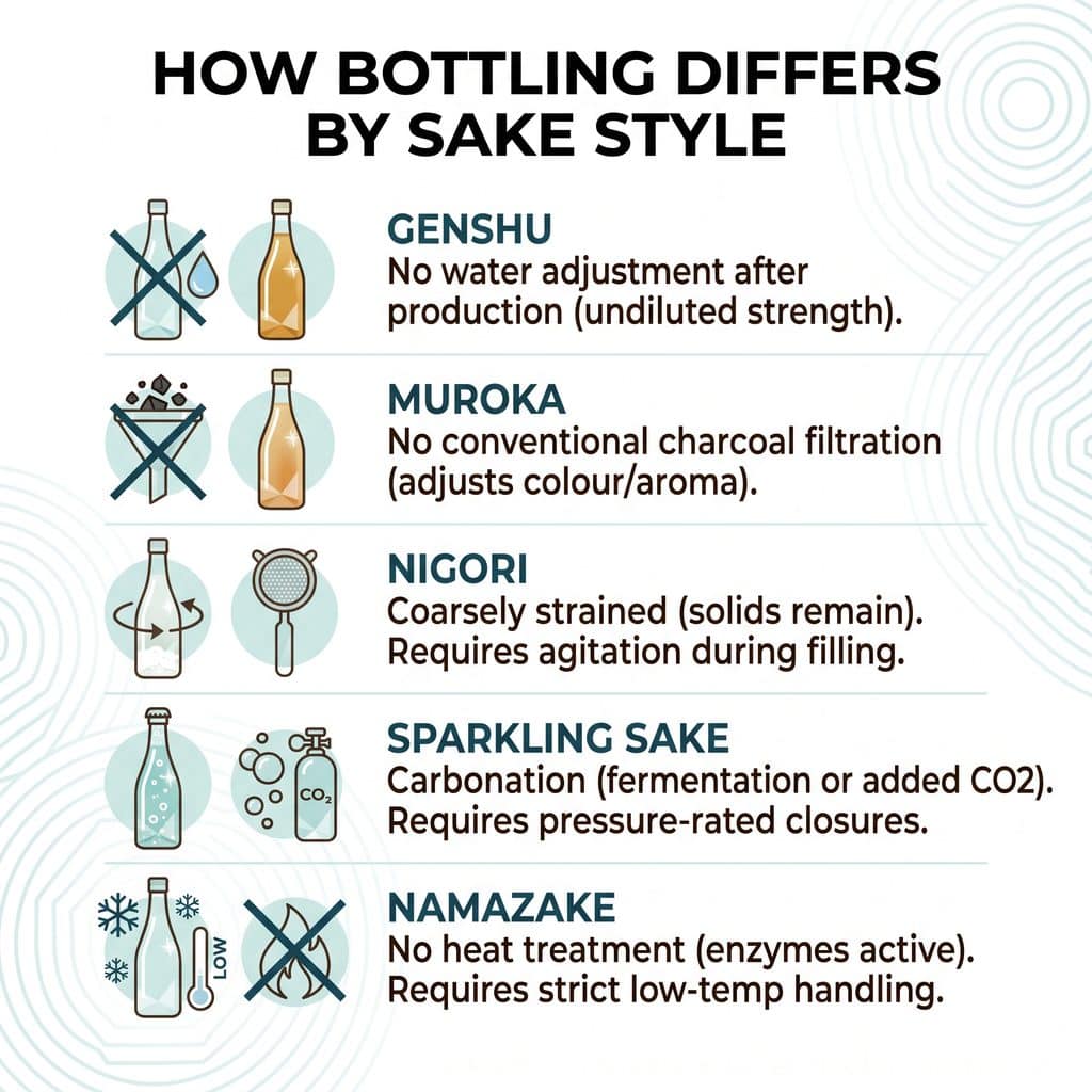 Different sake styles and their bottling methods in Japan.