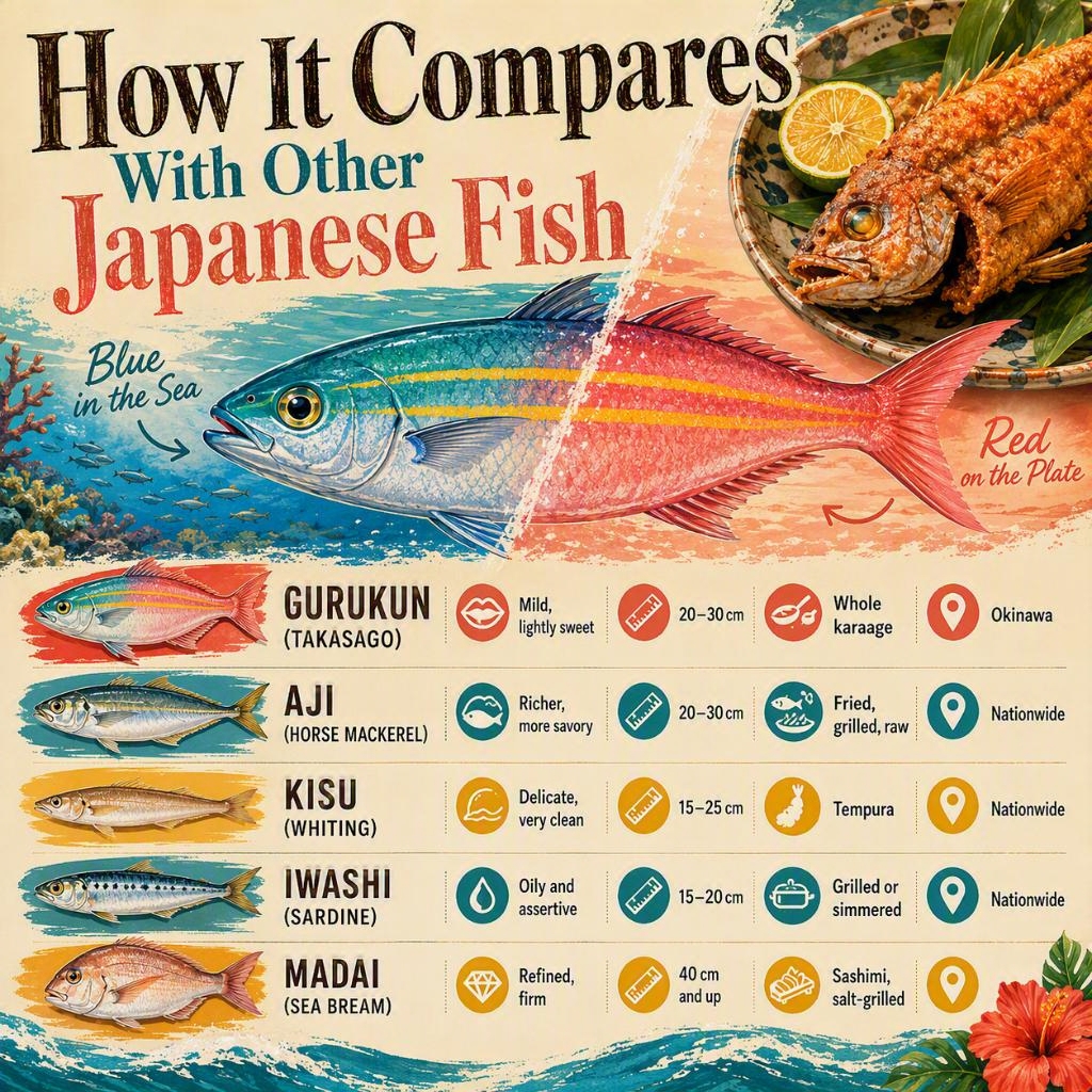 Comparison of Gurukun with other Japanese fish types including Aji, Kisu, Iwashi, and Madai.