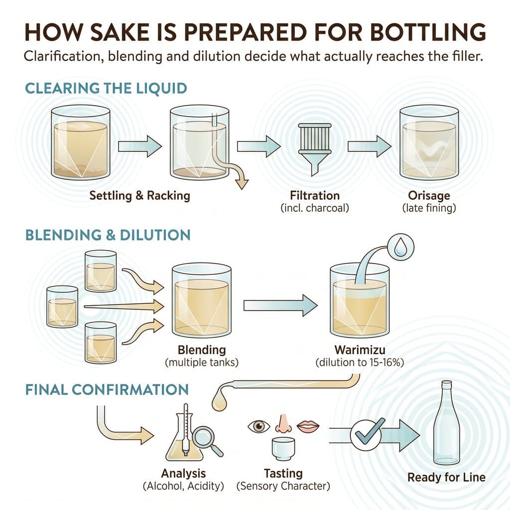 Diagram showing the sake bottling process from clarification to final bottling.