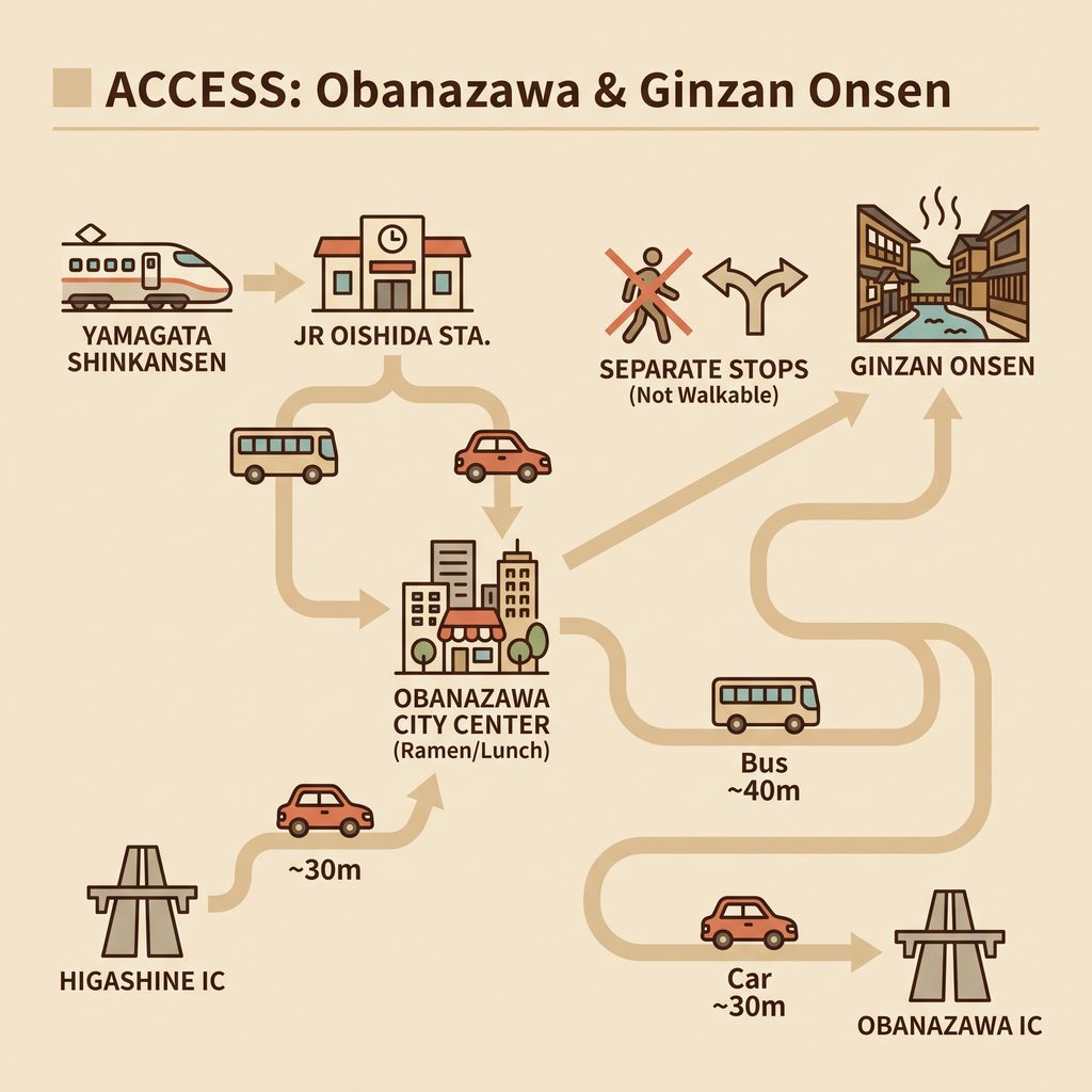 Transportation guide to Obanazawa and Ginzan Onsen in Japan.