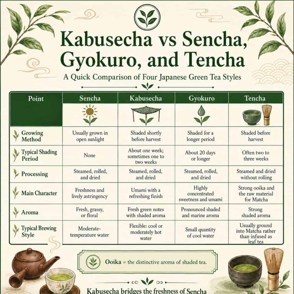 Comparison infographic showing the differences among Sencha, Kabusecha, Gyokuro, and Tencha.