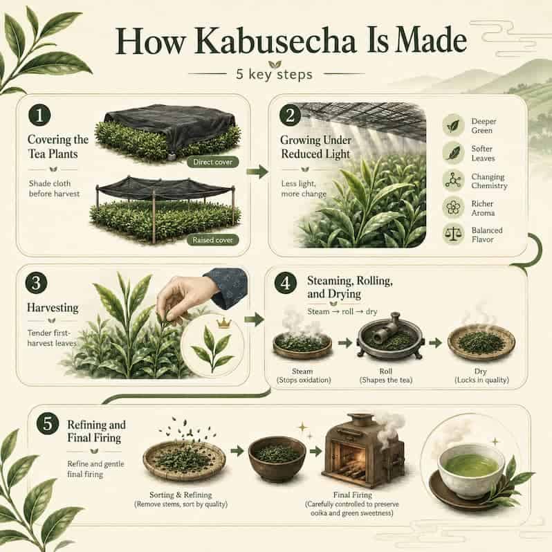 Five-step infographic showing how Kabusecha is made, from shading tea plants to final firing.