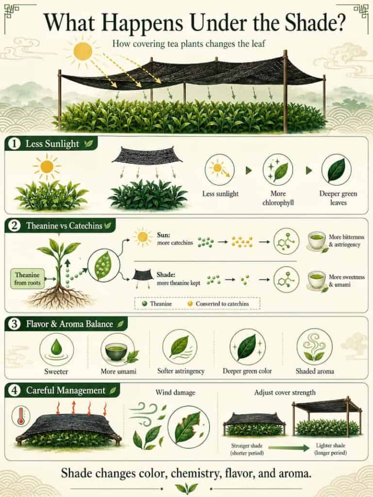 Infographic explaining how shading changes Kabusecha tea leaves, including color, chemistry, flavor, and aroma.