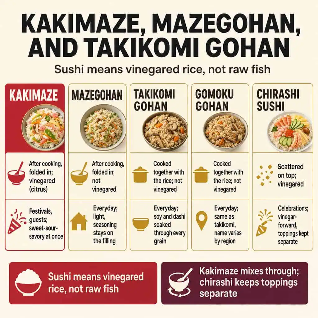 Kakimaze, Mazegohan, and Takikomi Gohan