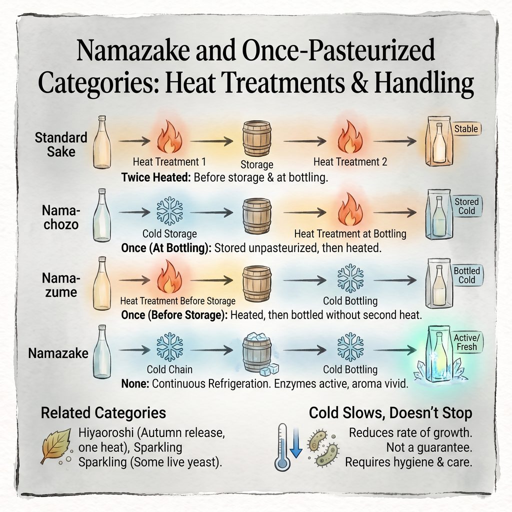 Diagram of sake storage methods: heat treatments, cold storage, and refrigeration.