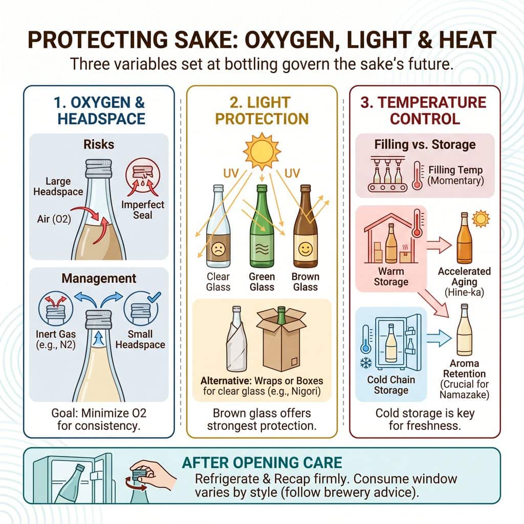 Different types of bottles with protective glass and storage methods for sake.