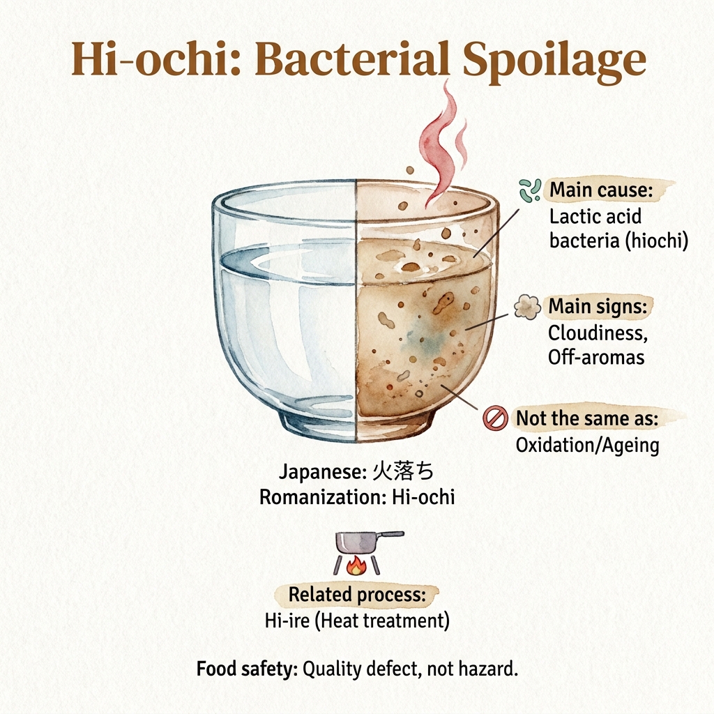 Diagram showing bacterial spoilage in sake with causes and signs.