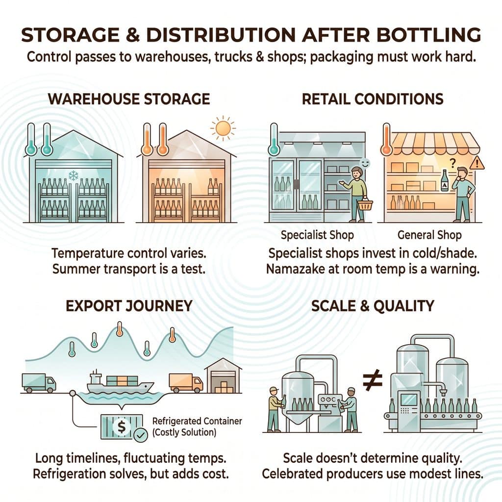 Sake bottling process with storage, retail, export, and quality control visuals.