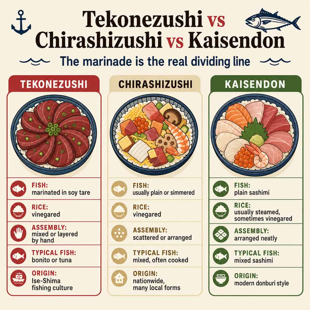 Tekonezushi vs Chirashizushi vs Kaisendon