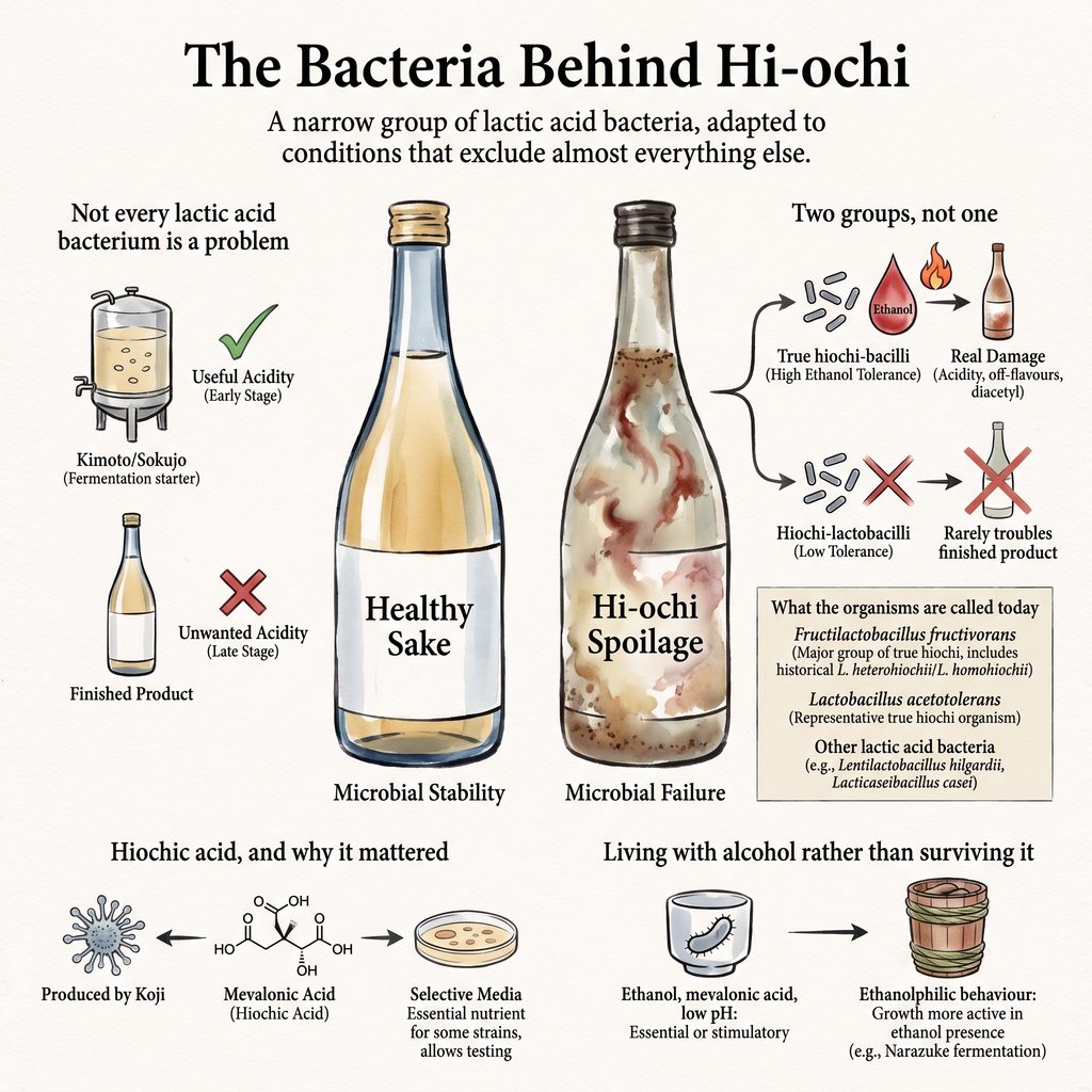 Diagram of bacterial spoilage in sake, showing Hi-ochi bacteria and fermentation process.