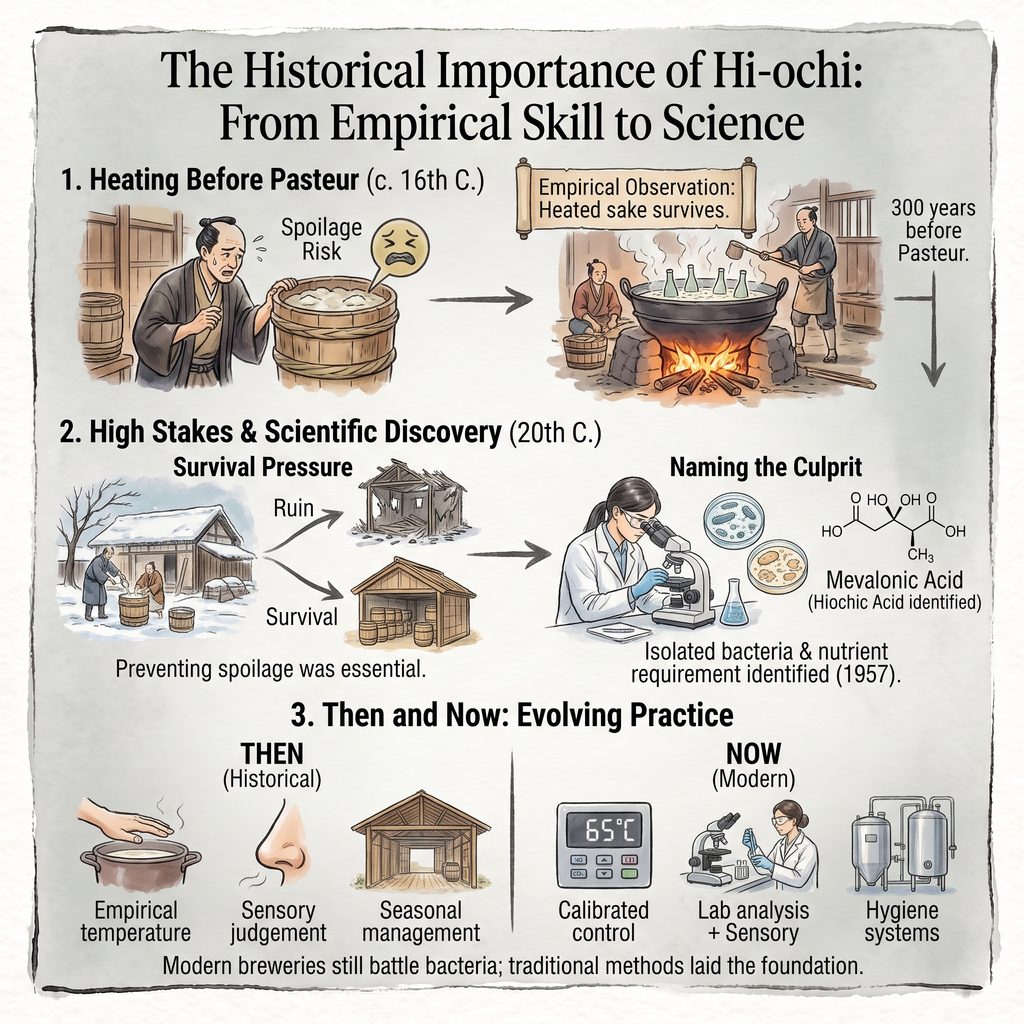 Diagram showing the history and science of Hi-ochi bacterial spoilage in sake.