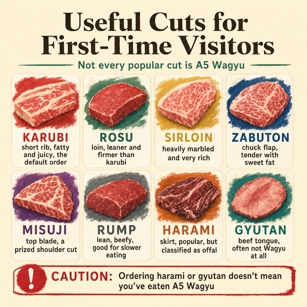 Guide to first-time Wagyu cuts including Karubi, Rosu, Sirloin, Zabuton, Misuji, Rump, Harami, Gyutn.