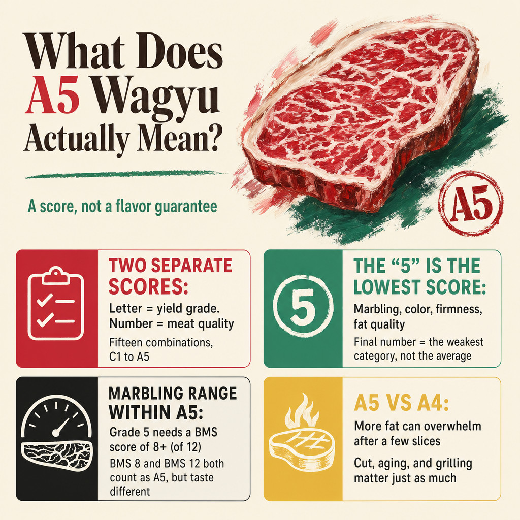 Illustration explaining what A5 Wagyu means with marbling and grading details.
