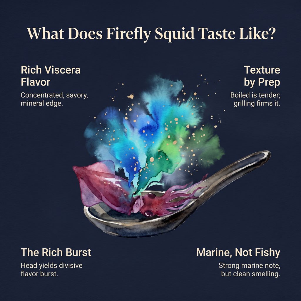 Close-up of firefly squid dish with vibrant colors and presentation.