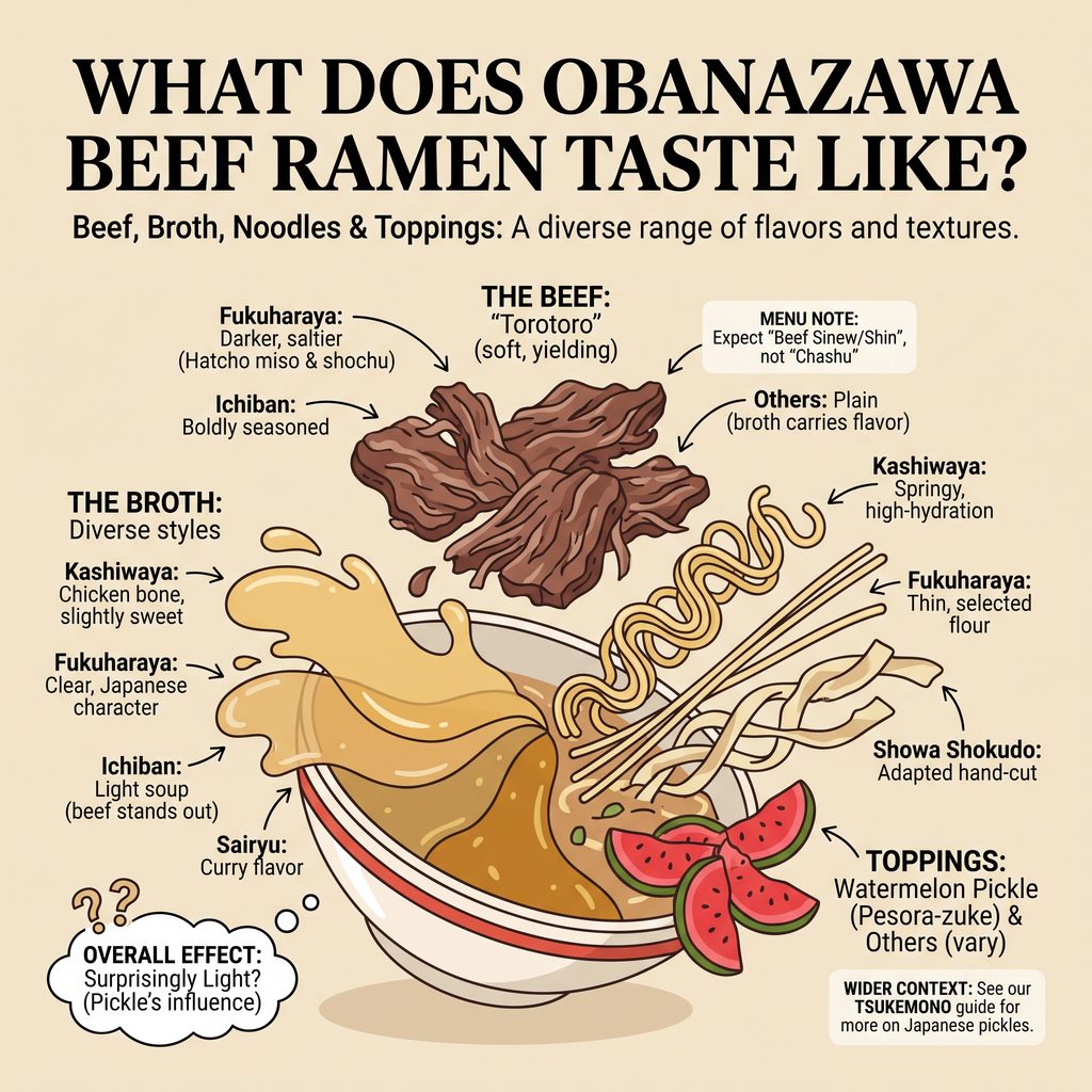Diagram of Obanazawa Beef Ramen ingredients and flavors with labels.