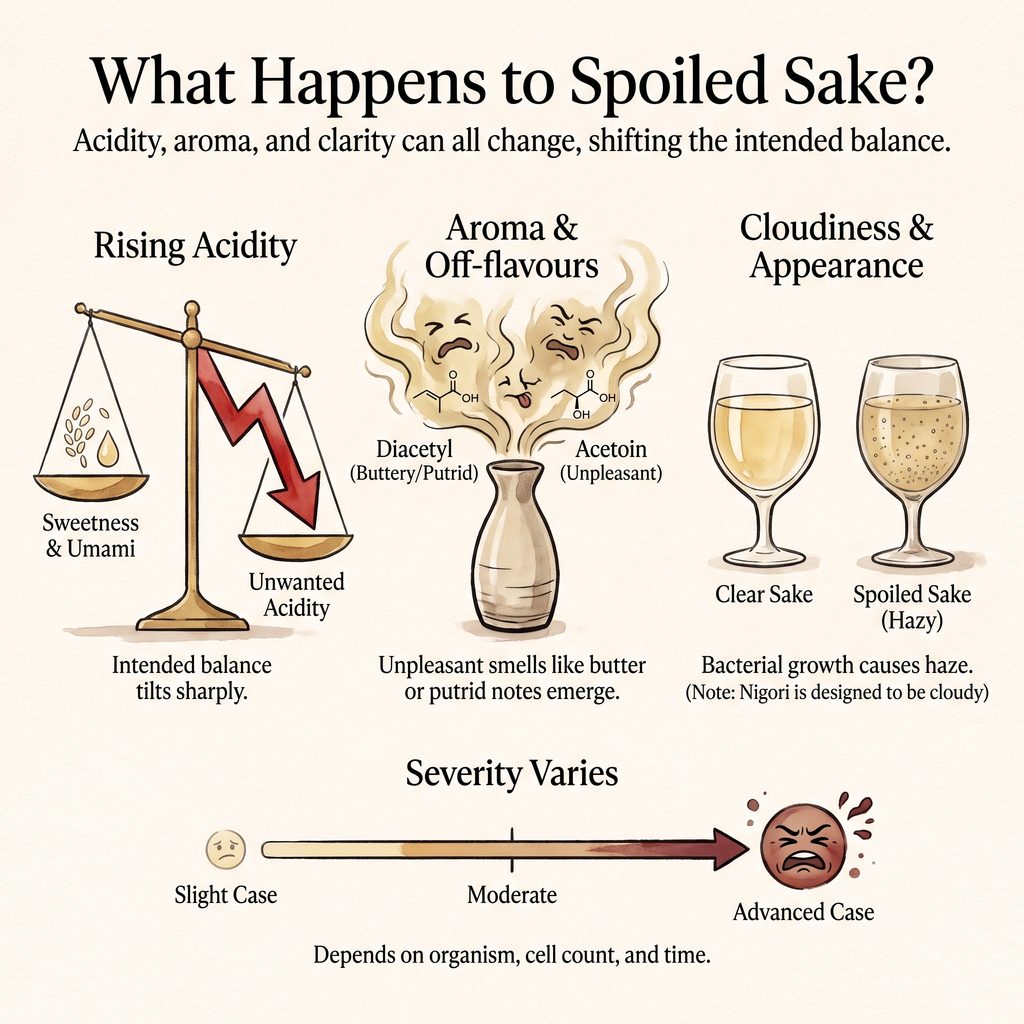 Diagram explaining bacterial spoilage effects on sake, including aroma, appearance, and acidity.
