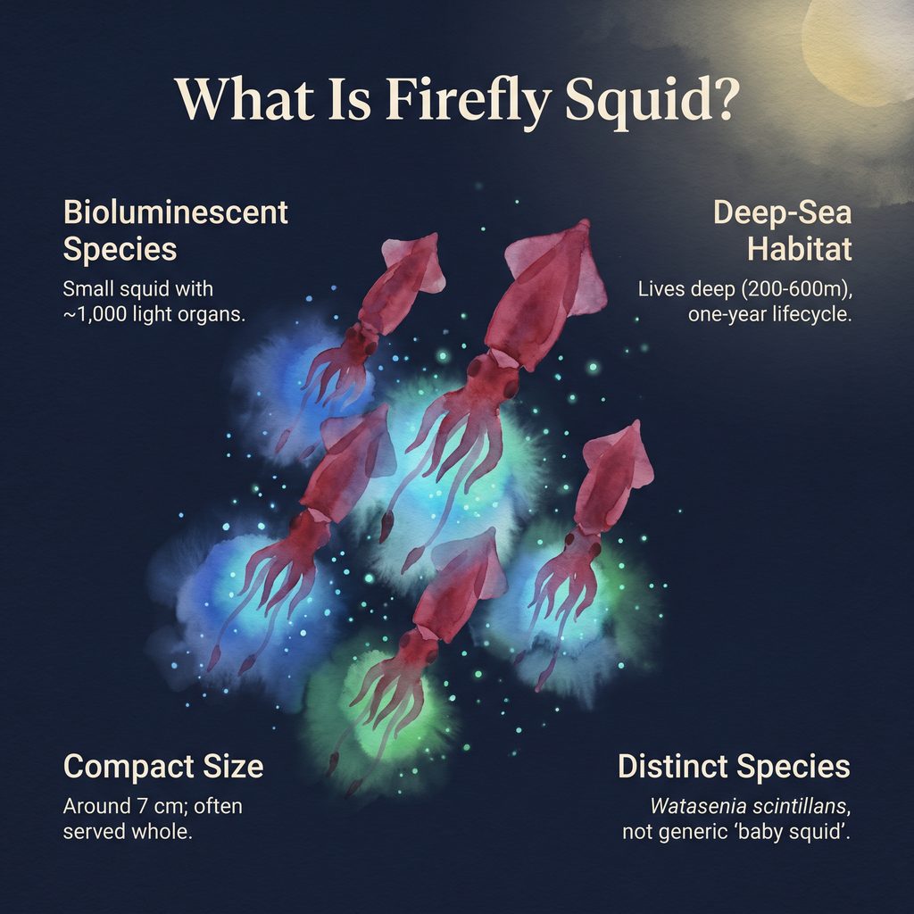 Firefly squid in deep-sea habitat with bioluminescent glow.