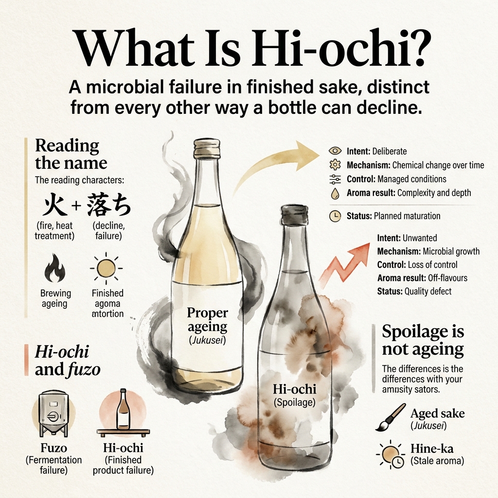 Diagram of Hi-ochi bacterial spoilage in sake with stages and indicators.