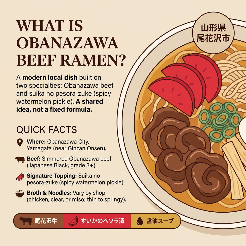 Illustration of Obanazawa Beef Ramen with beef, noodles, and toppings.