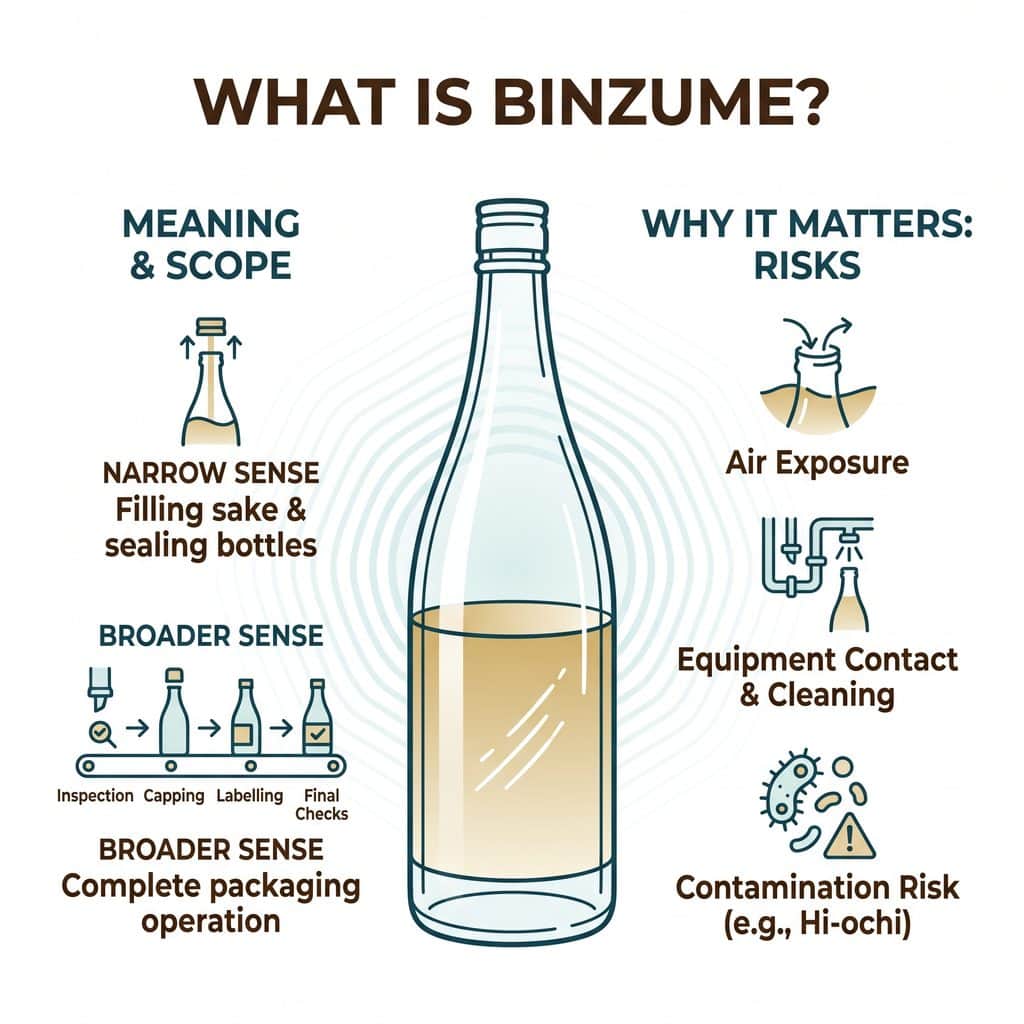 Diagram explaining binzume, its meaning, risks, and packaging process in sake production.