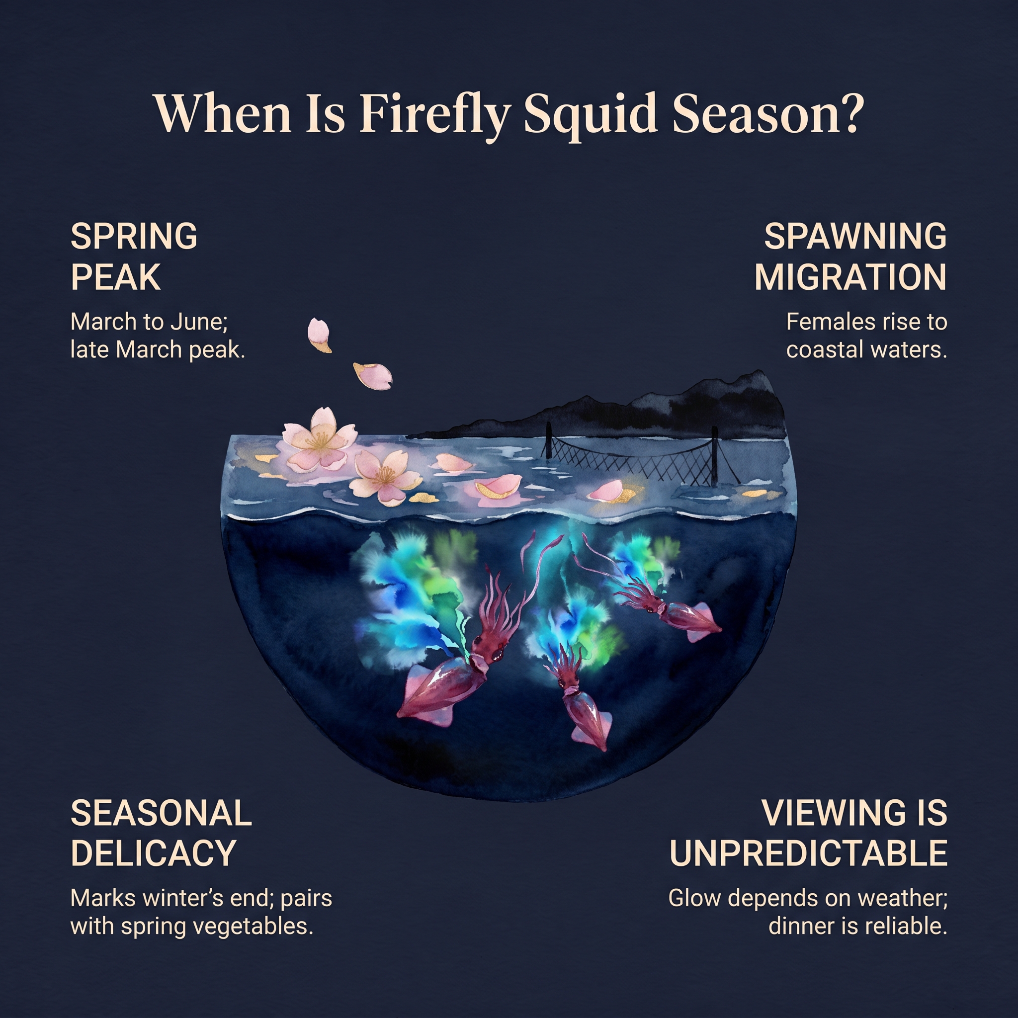 Firefly squid season details with illustrations of spawning and migration.