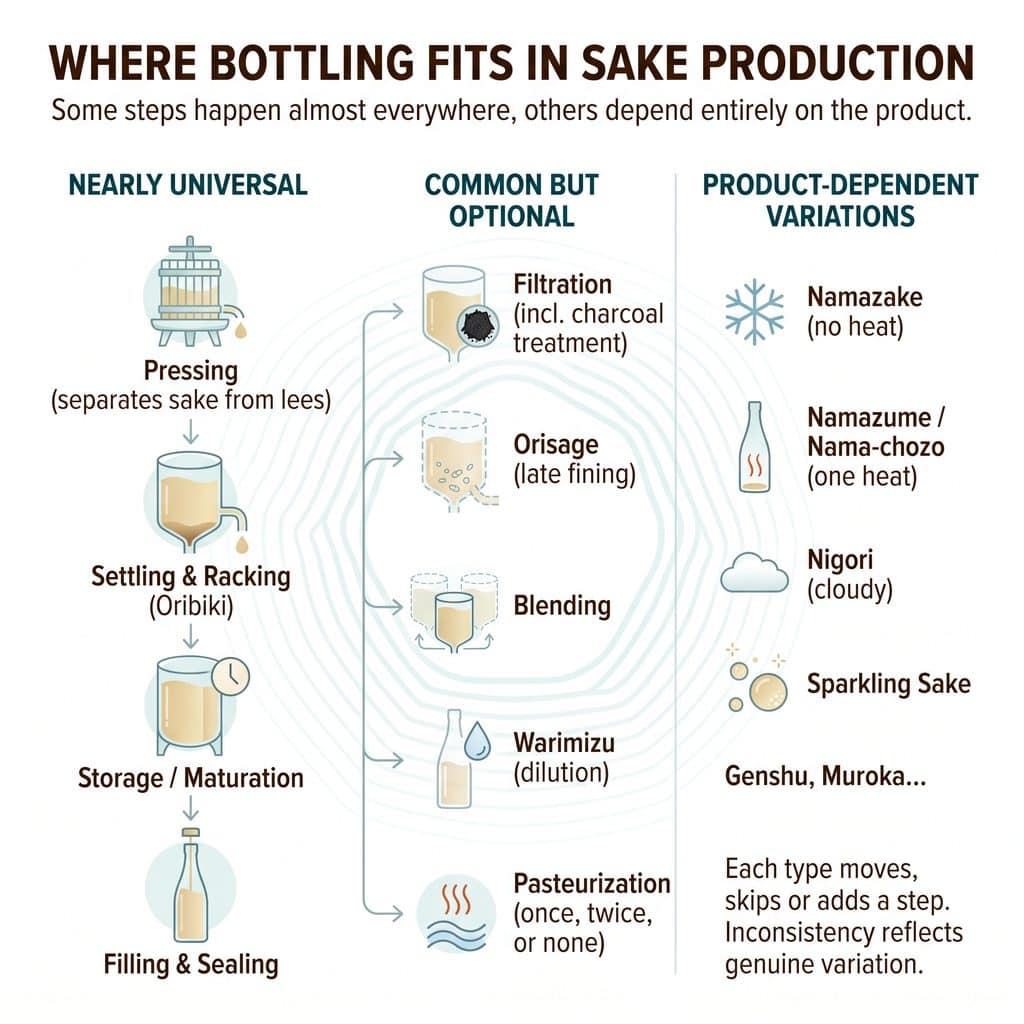 Sake bottling process with steps from pressing to sealing in Japanese sake production.