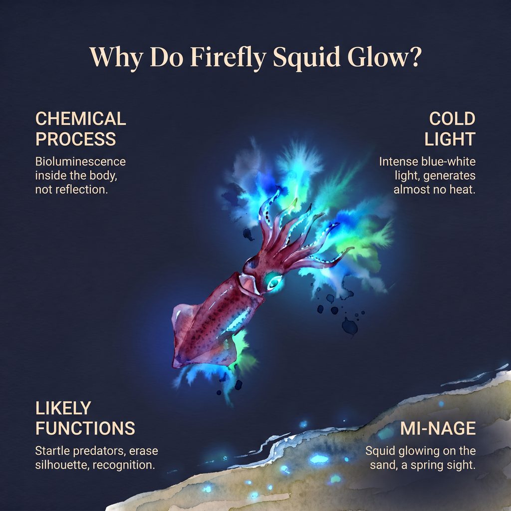 Firefly squid glowing in the dark with bioluminescence features.