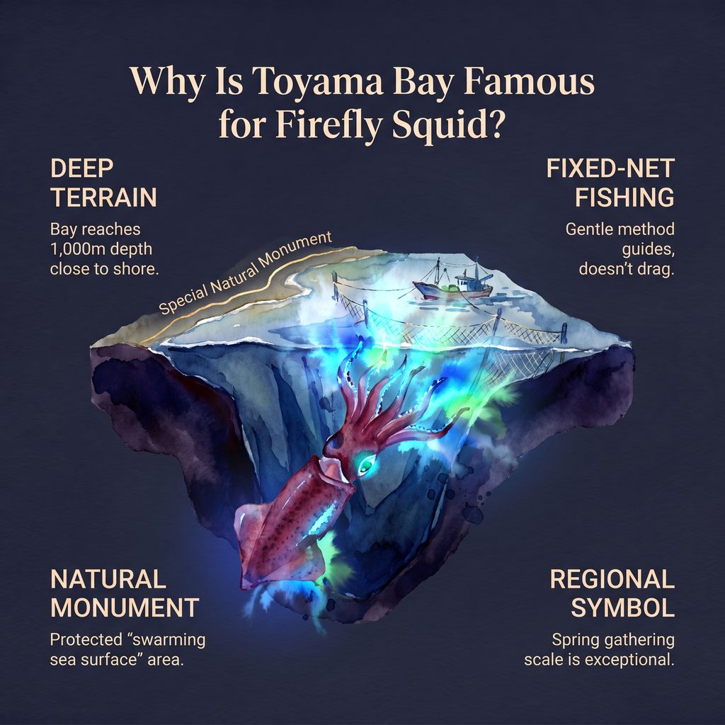 Firefly squid in Toyama Bay with deep terrain and natural monument features.