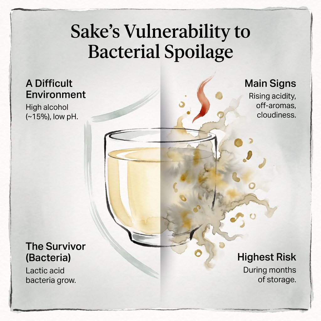 Illustration of bacterial spoilage in sake with signs and risks explained.
