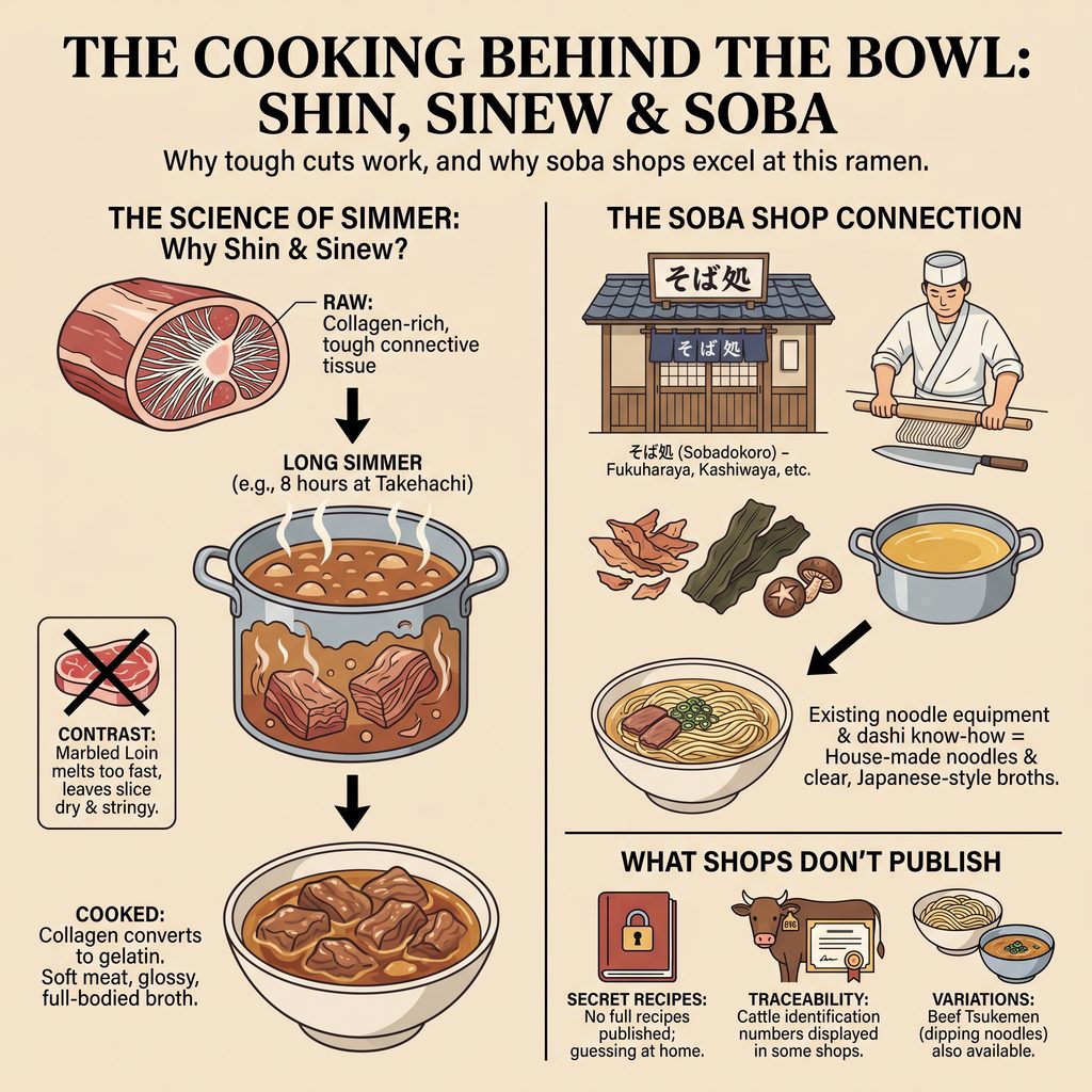 Diagram explaining the science and shop connection behind soba and shin ramen.