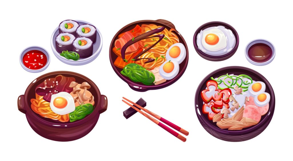 Assorted Japanese ramen, sushi, and side dishes on a table.