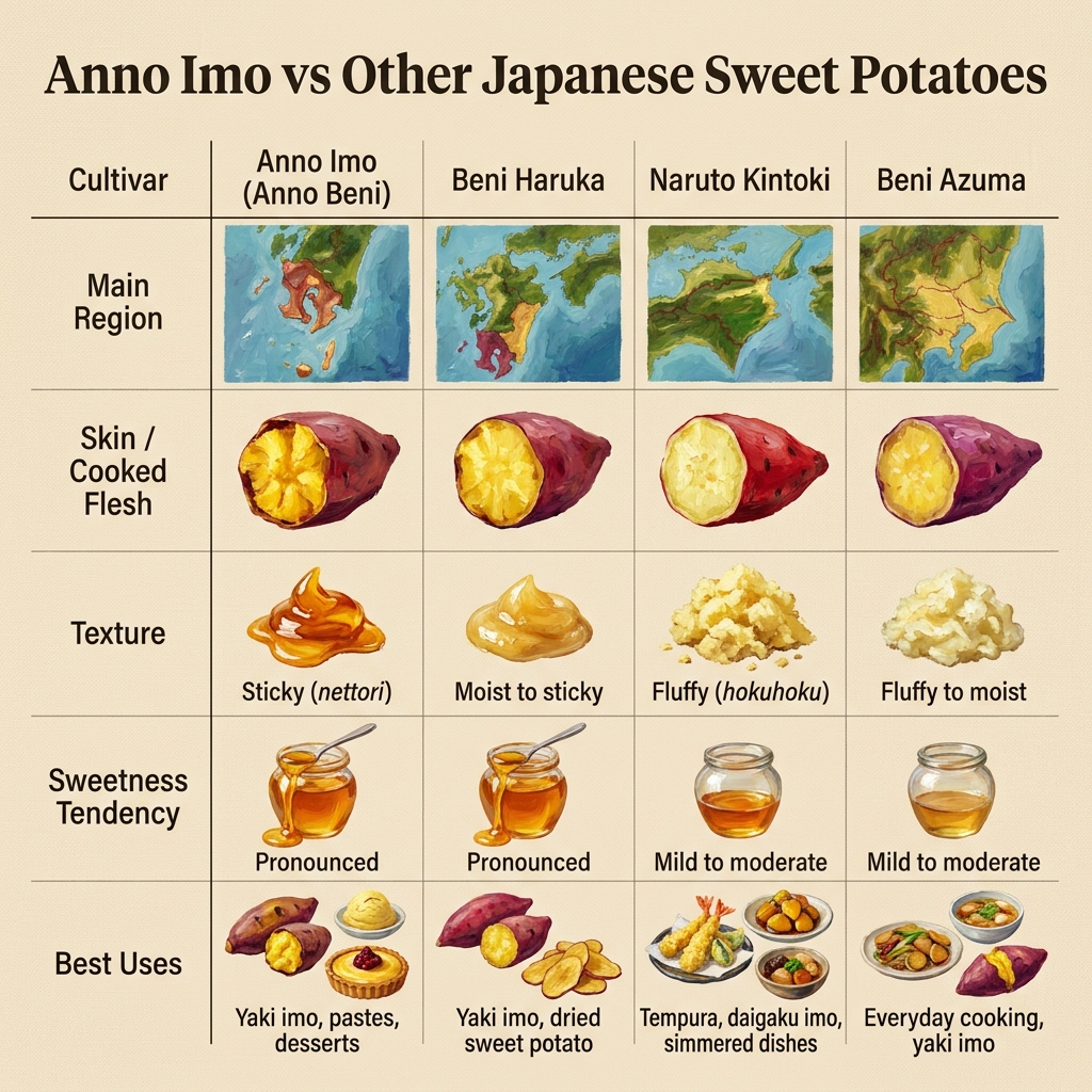 Comparison of Anno Imo and other Japanese sweet potatoes with details.